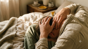 Close on hands as a person kneads the back of their own neck on rumpled bedding in warm afternoon light.