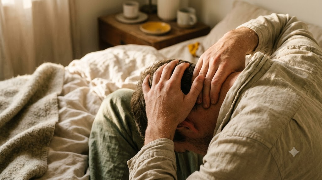 Close on hands as a person kneads the back of their own neck on rumpled bedding in warm afternoon light.