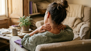 Seen from behind in a deep armchair, a person kneads the side of their neck with their fingertips in low morning sun.