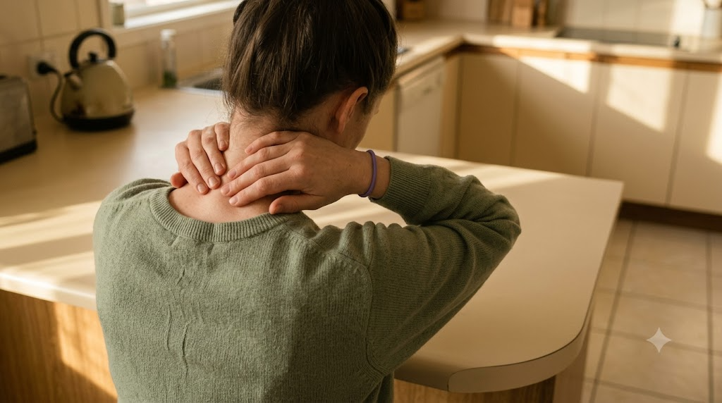 Seen from behind, a person in a sage jumper massages the back of their own neck at a kitchen counter.