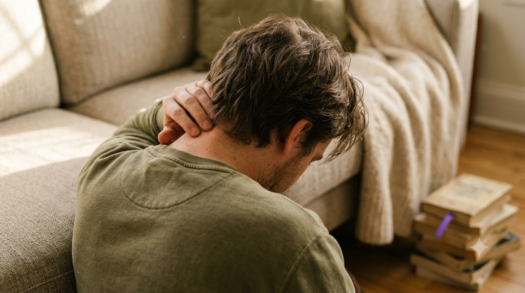 Seen from behind on a sofa, a person rubs the base of their skull with their fingertips in warm raking light.