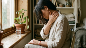 A person seen from behind massaging the side of their own neck with two fingers in a warm, softly lit living room.