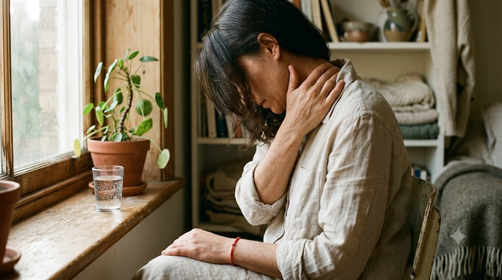 A person seen from behind massaging the side of their own neck with two fingers in a warm, softly lit living room.