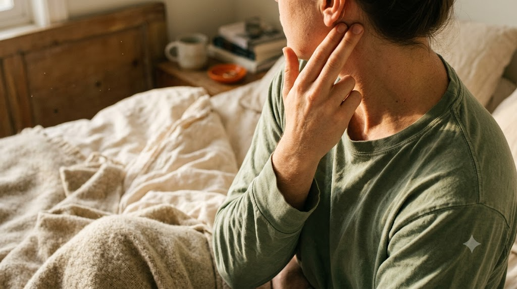 A person massaging behind their ear and down the side of their neck with two fingertips on a bed of rumpled linen in late afternoon light.