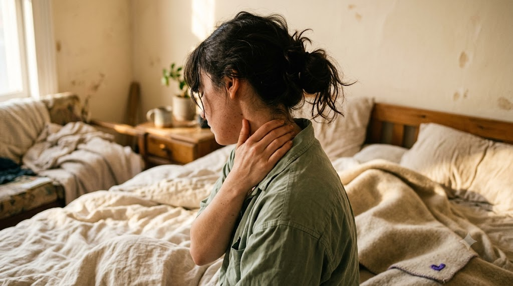 A person kneads the side of their own neck with their fingertips on a rumpled bed in morning light.