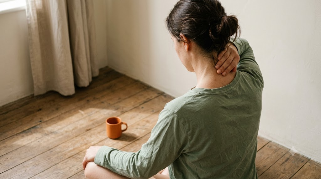 A person massaging the side of their neck with slow downward strokes in soft natural light.