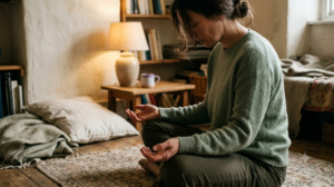 A person sitting cross-legged on a worn rug breathing out slowly with hands resting open on their knees.