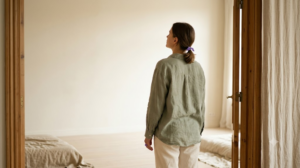 A person breathing out slowly with their eyes closed and shoulders relaxed in soft natural light.