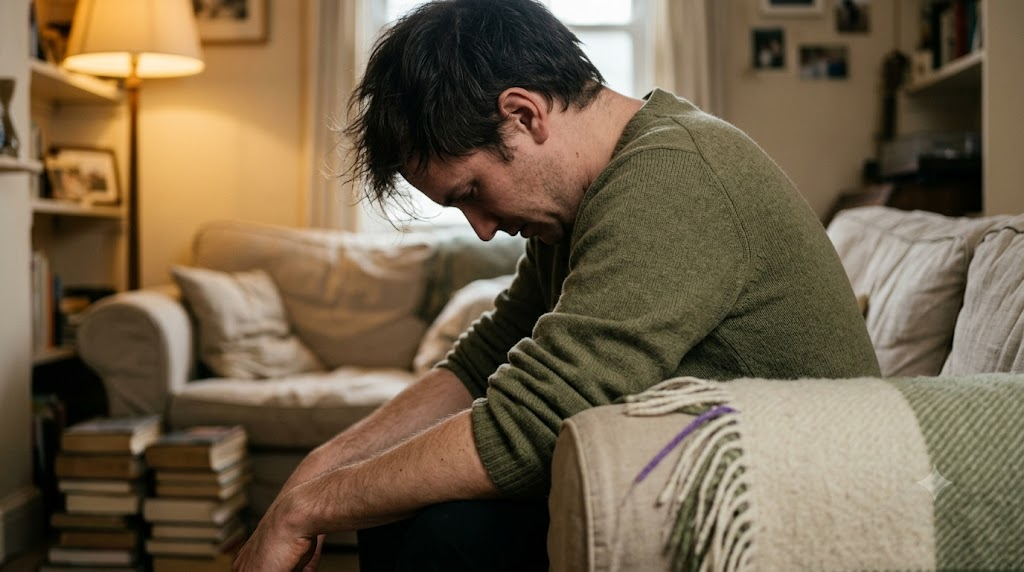 A person seated on a sofa letting a slow breath out with their shoulders sinking.