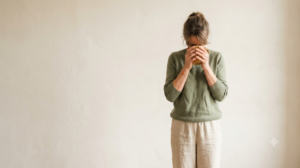 A photograph of a person cradling a warm mug in both hands and breathing in slowly, face out of frame.
