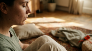 In profile on a worn rug, a person breathes out slowly with eyes closed in low morning sun.