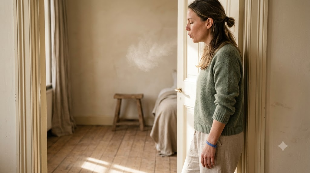 A person in profile at the edge of the frame breathes out slowly in a bright doorway, eyes closed.