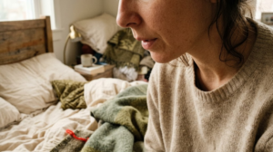 Cropped at the chin on rumpled bedding, a person breathes out slowly through their nose in soft window light.