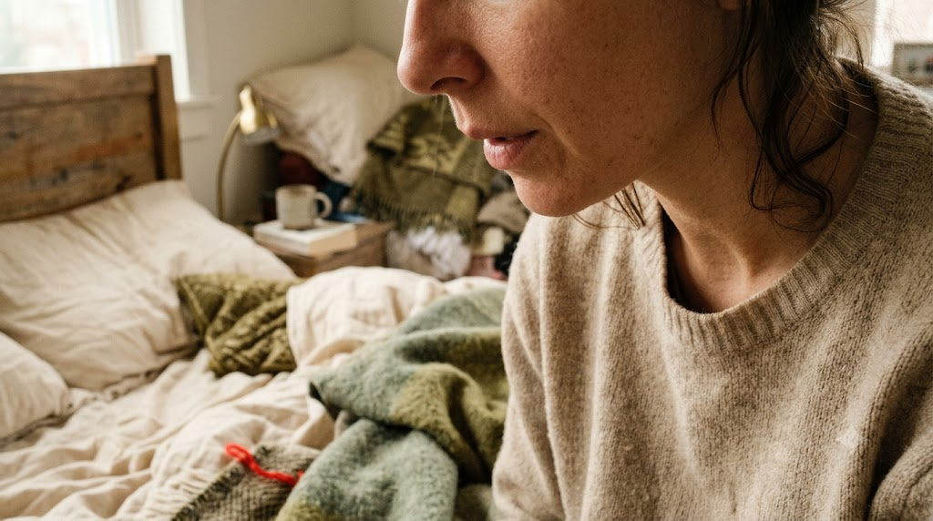 Cropped at the chin on rumpled bedding, a person breathes out slowly through their nose in soft window light.