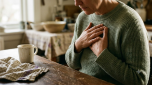Seen from just above at a kitchen table, a person rests both hands over their heart and breathes slowly in soft window light.