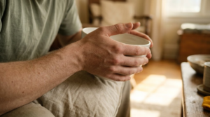 Close view of a pair of hands cradling a bowl of cold water in a warm sunlit room