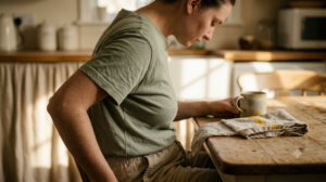 Seated in profile at a kitchen table, a person rolls their shoulders slowly backwards in low morning sun.