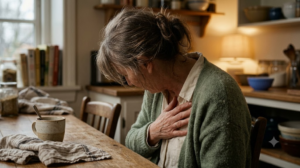 A person at a kitchen table sighing out slowly with a hand resting over their sternum.