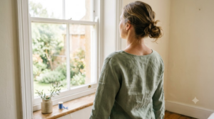 A person in a sage linen top seen over the shoulder standing at a tall bright window, face turned away.