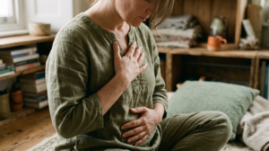 A person seated on a worn rug with one hand on their chest and one on their belly, breathing slowly.