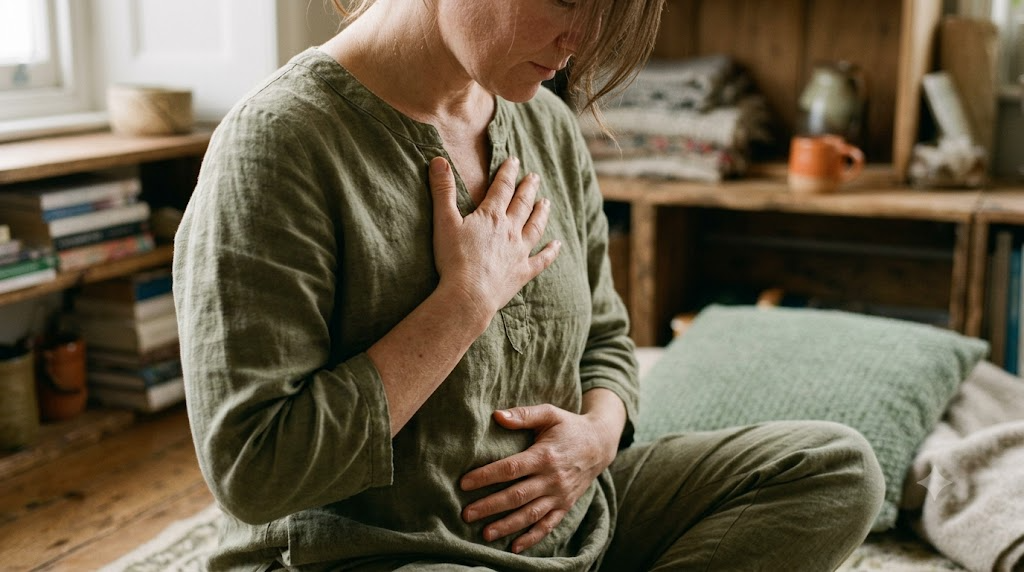 A person seated on a worn rug with one hand on their chest and one on their belly, breathing slowly.