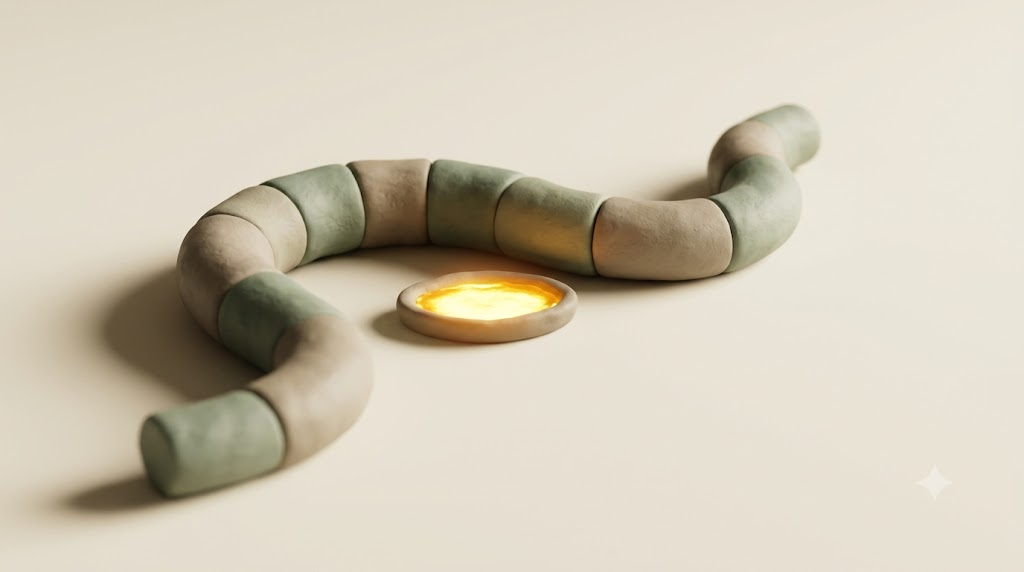 Clay segmented tube in sage and putty curving through the frame beside a shallow bowl of molten golden light.