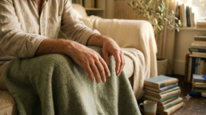 A pair of open hands resting in a lap on a sofa in warm late afternoon light.