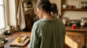 A person at a wooden counter rolling their shoulders back and letting a long breath go.