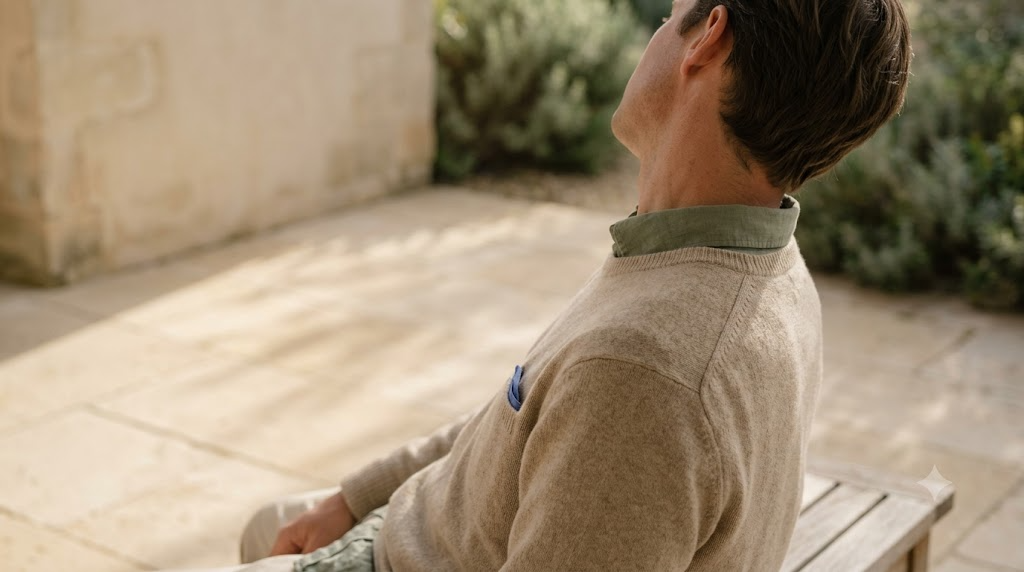 An over the shoulder view with the face turned away, a person on a low bench outdoors tilting their head slowly to one side in early morning light.