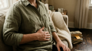 A person on a sofa breathing slowly into their belly with one hand resting below the ribs.