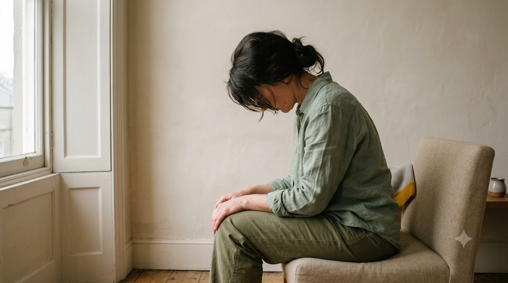 A seated figure seen from the side against a plain plastered wall, head lowered, breathing out slowly in flat daylight.
