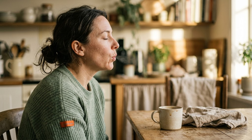 A person in profile at a kitchen table breathing out slowly with shoulders dropping.