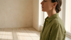A person in an olive linen shirt standing in profile with eyes closed beside a bright window in a bare room.