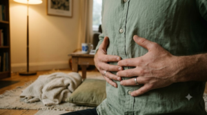 A close, warm photograph of a person taking a slow deep breath with both hands resting over their lower ribs on a worn rug.