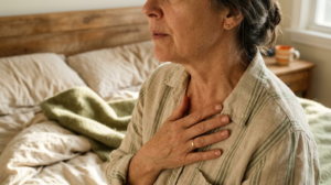 A close, warm photograph of a person humming with one hand resting flat on their upper chest, cropped at the chin, on a bed with rumpled linen.