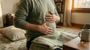 Close view of a torso and hands resting on the abdomen mid slow breath, seated on a worn rug in warm raking afternoon light.