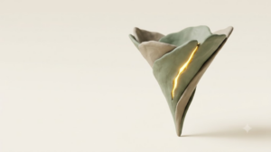 Clay funnel of sage and putty petals narrowing to a fine point, with a bright golden seam glowing along a break in its side.