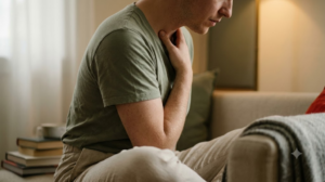A person seated on a sofa in warm lamplight, head lowered, one hand resting at the base of the throat while humming.