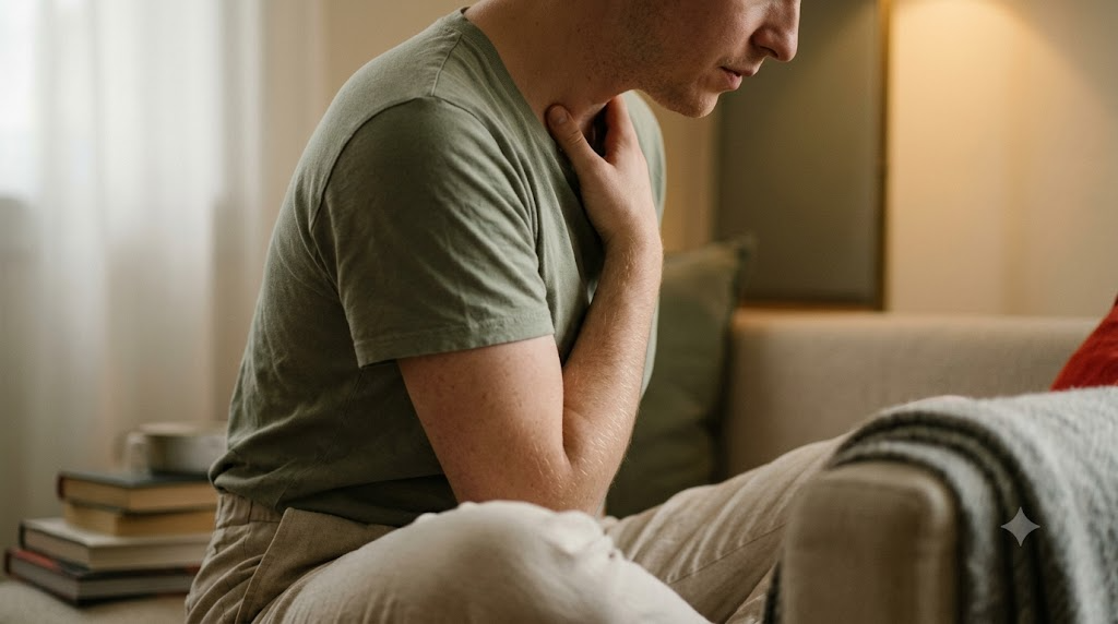 A person seated on a sofa in warm lamplight, head lowered, one hand resting at the base of the throat while humming.