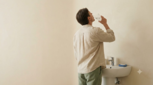A person gargling a glass of water at a sink, photographed in soft natural light.