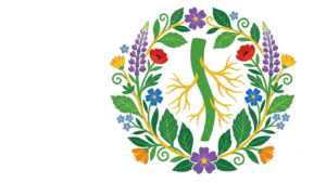 A flat folk-art vector illustration of the human vagus nerve framed by stylised flowers and curling vines on white.