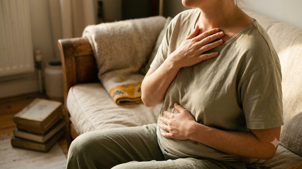 A close, warm photograph from just above of a person resting one hand on their collarbone and the other on their belly while breathing out slowly on a sofa.
