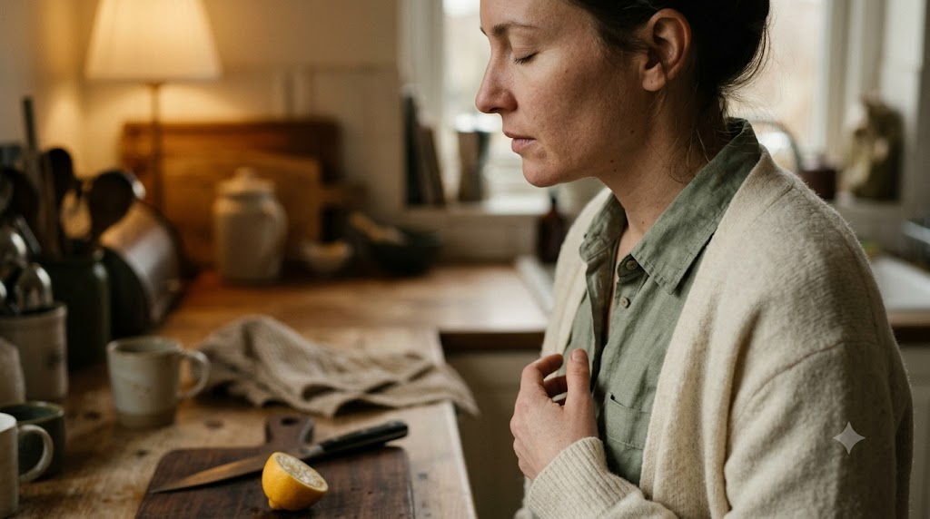 A close, warm profile photograph of a person taking a slow deep breath with their eyes closed and shoulders dropping at a wooden counter.