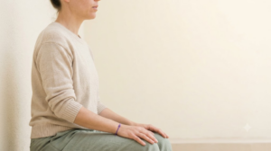 A person in profile with eyes closed sitting upright on a low bench outdoors, exhaling slowly.