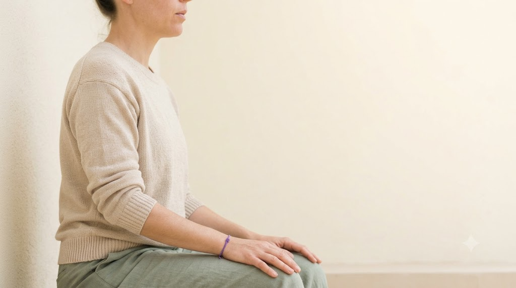 A person in profile with eyes closed sitting upright on a low bench outdoors, exhaling slowly.