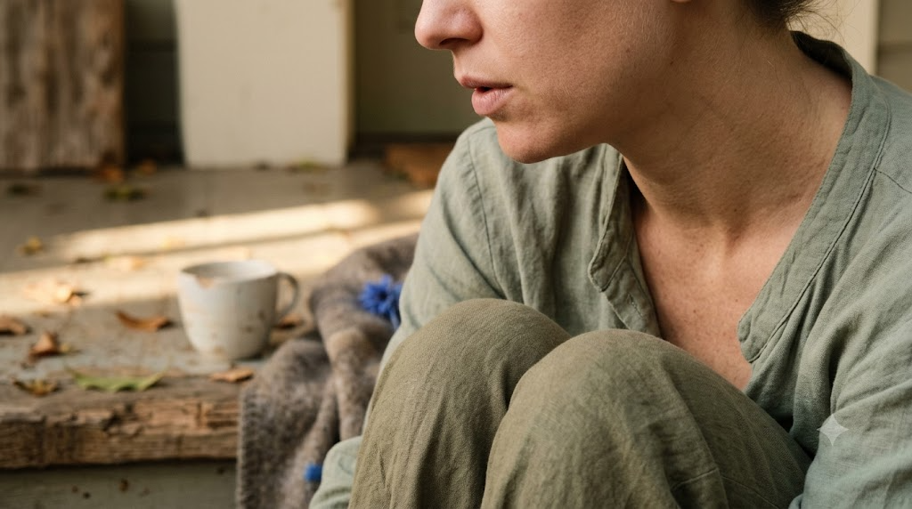 A close view cropped at the chin of a person sitting on a low step breathing out slowly and letting their shoulders drop.