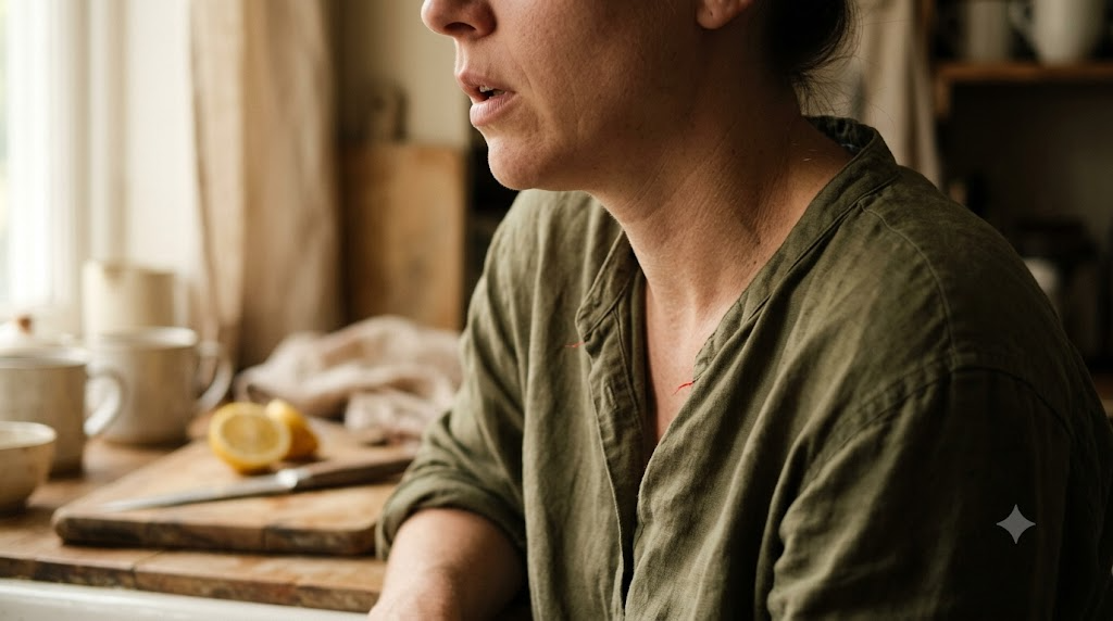 Cropped at the chin at a kitchen counter, a person lets out a slow breath with their jaw loose.