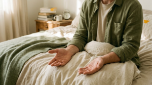 Torso and hands on rumpled bedding, a person lets both hands fall open in their lap in low morning sun.