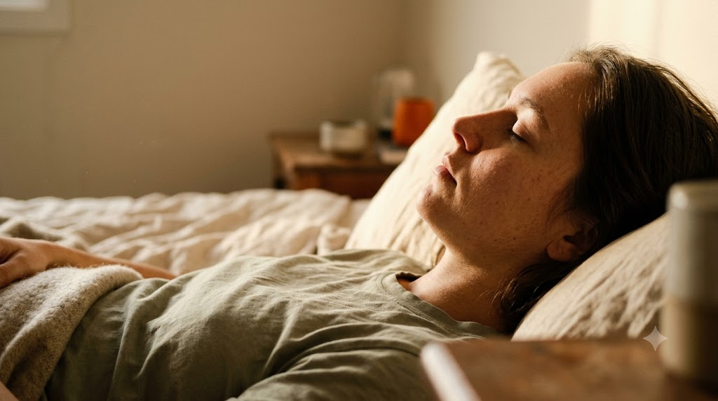 A person lying back on rumpled bed linen with eyes closed, jaw and shoulders loose.