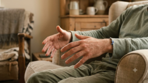 Close view of hands unclenching and fingers spreading open in a deep armchair.